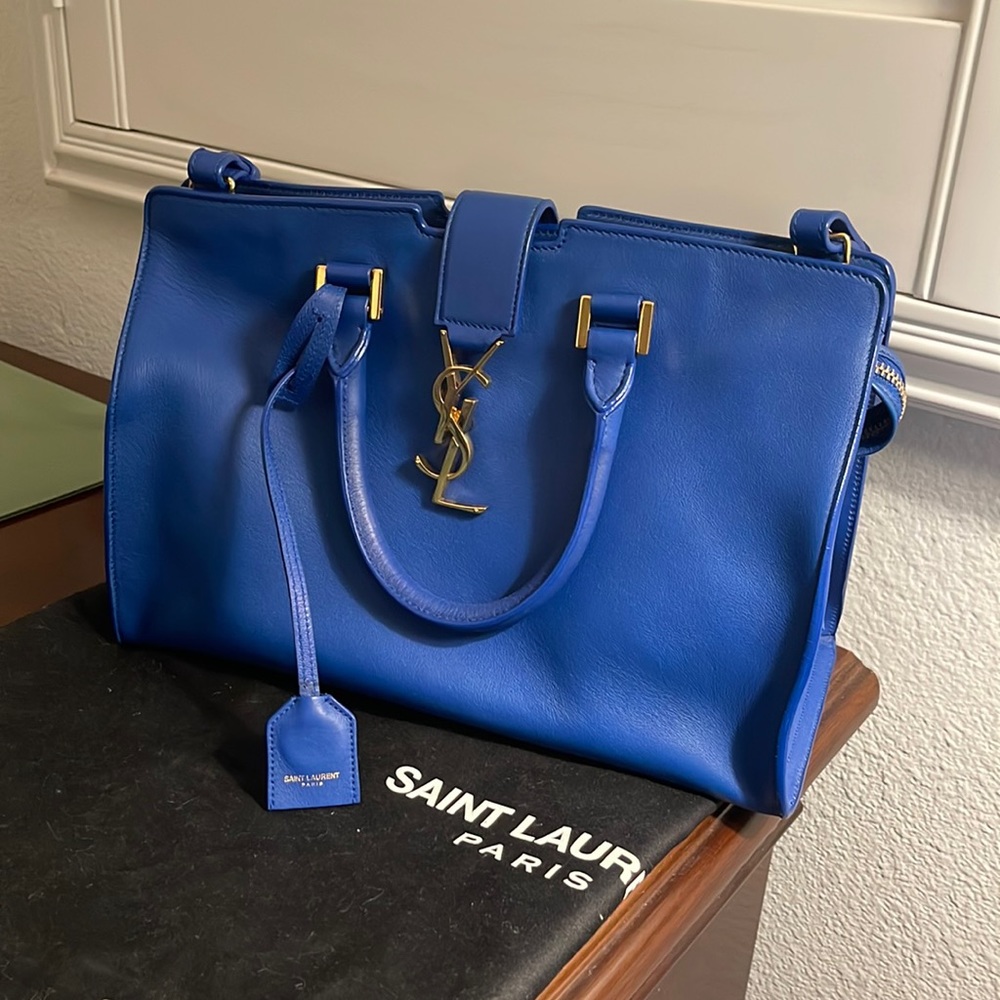 YSL vintage navy blue leather satchel